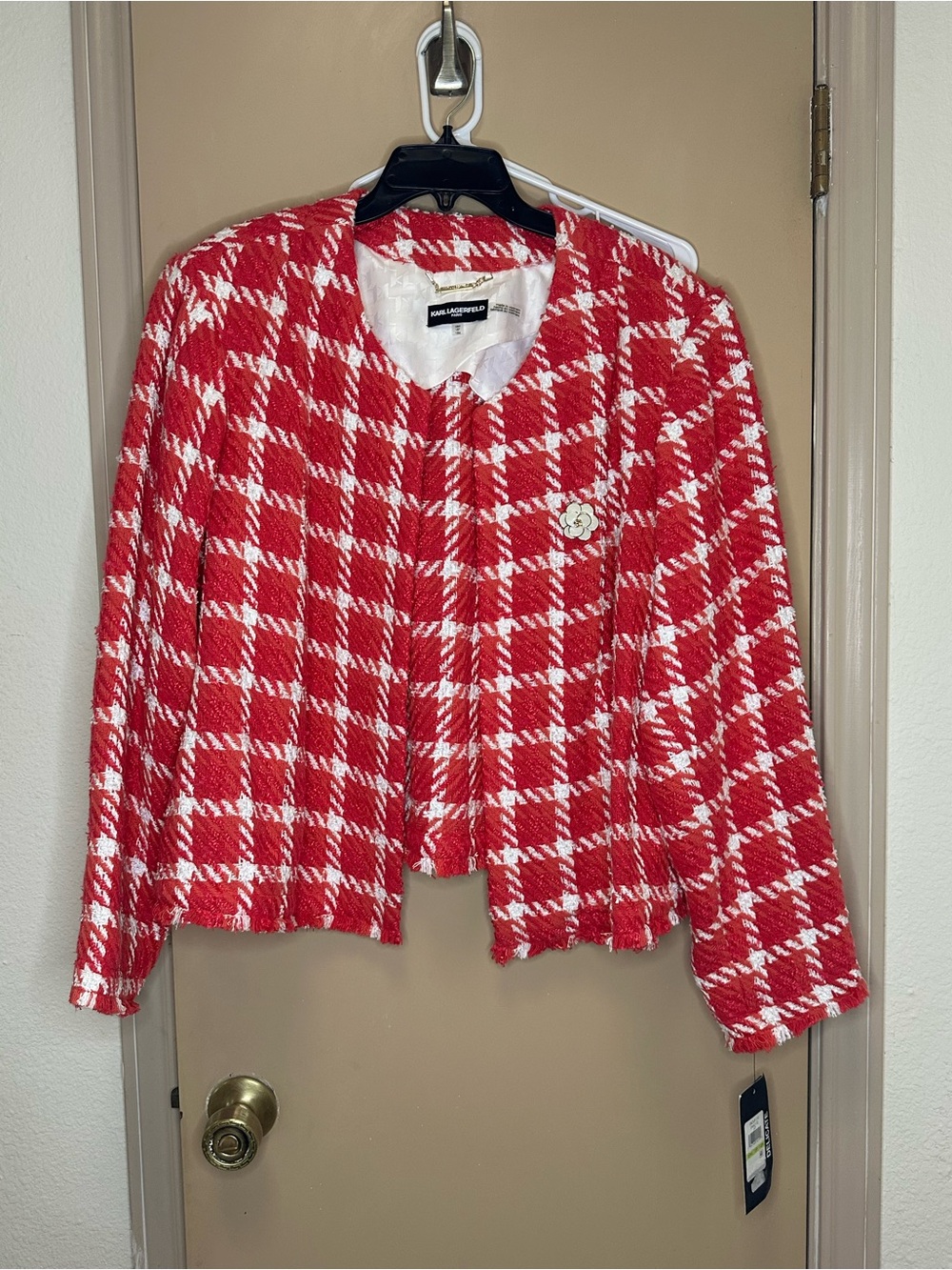 Karl Lagerfeld Pink, Orange, and White Houndstooth Tweed Jacket